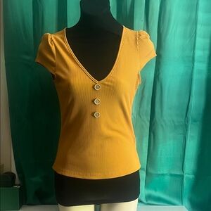 SHEIN Ribbed Mustard Yellow Top | Button Front | V-Neck | Size M
